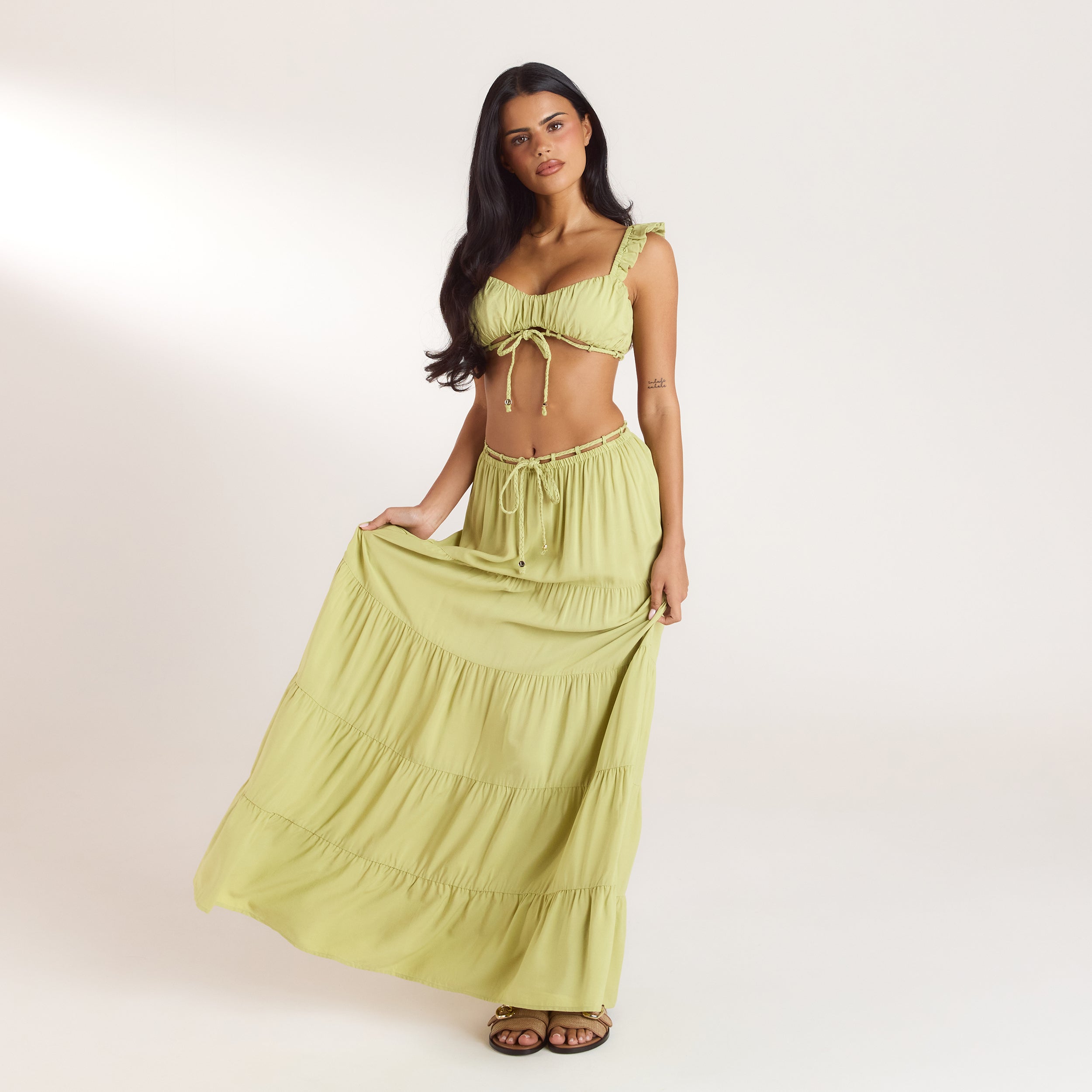 Bralette och Maxikjol Co-ord | Maxikjol Co-ord (Set) - Tvättad Limegrön
