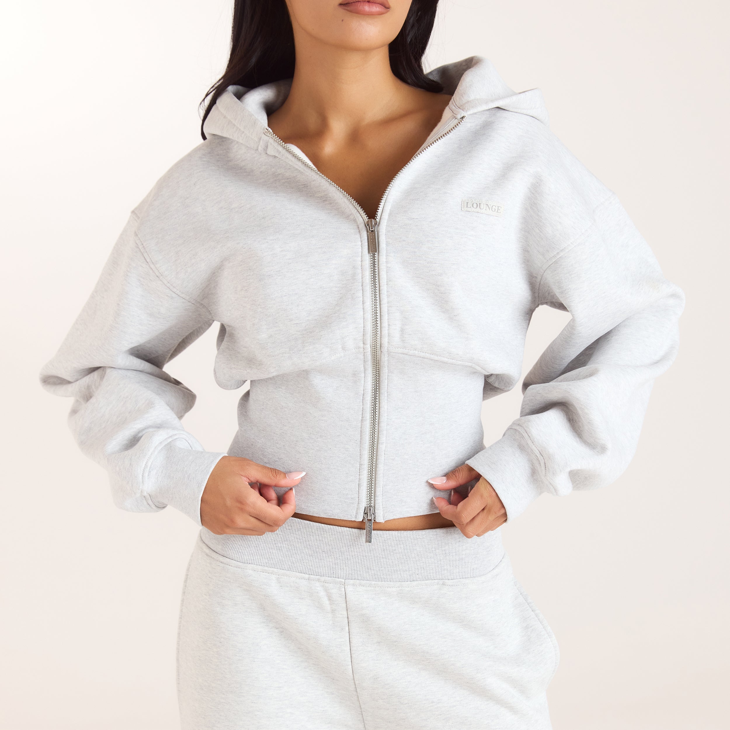 Hoodie med figurnära midja och dragkedja - Grå