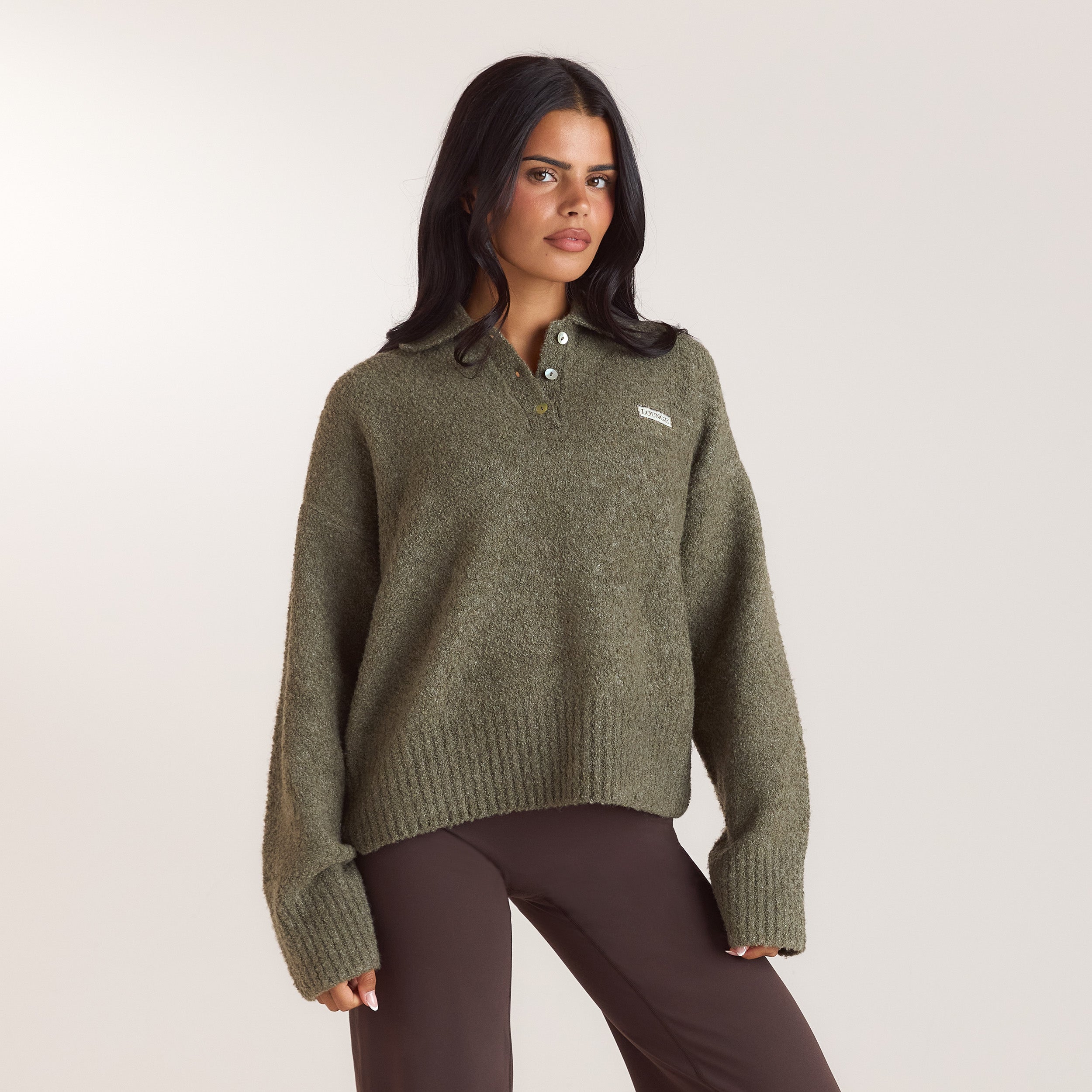 Stickad bouclé-polotröja | Stickad bouclé-polotröja - Kaki