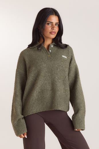 Stickad bouclé-polotröja - Kaki alternate