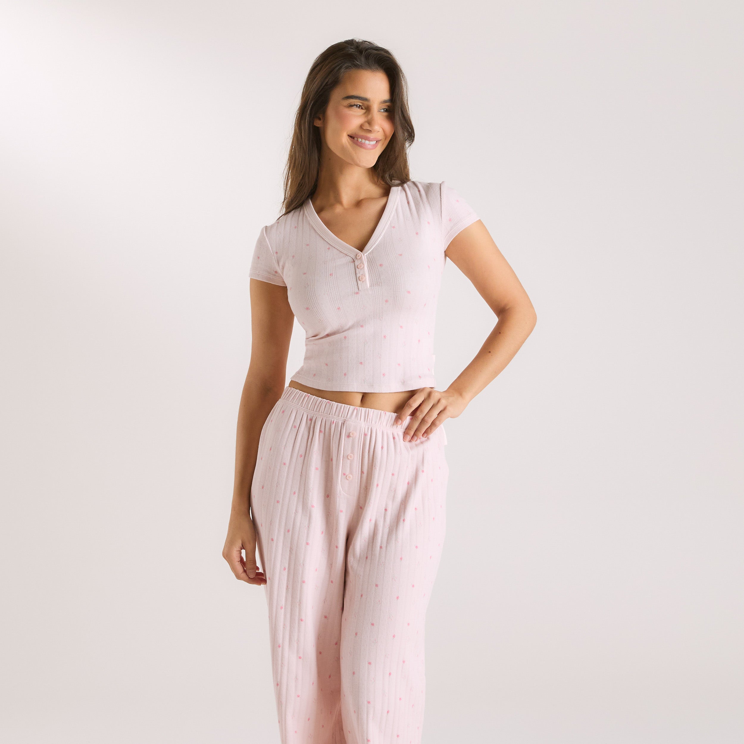 Pointelle Pyjamatopp | Pointelle Pyjamatopp - Blommig Rosa