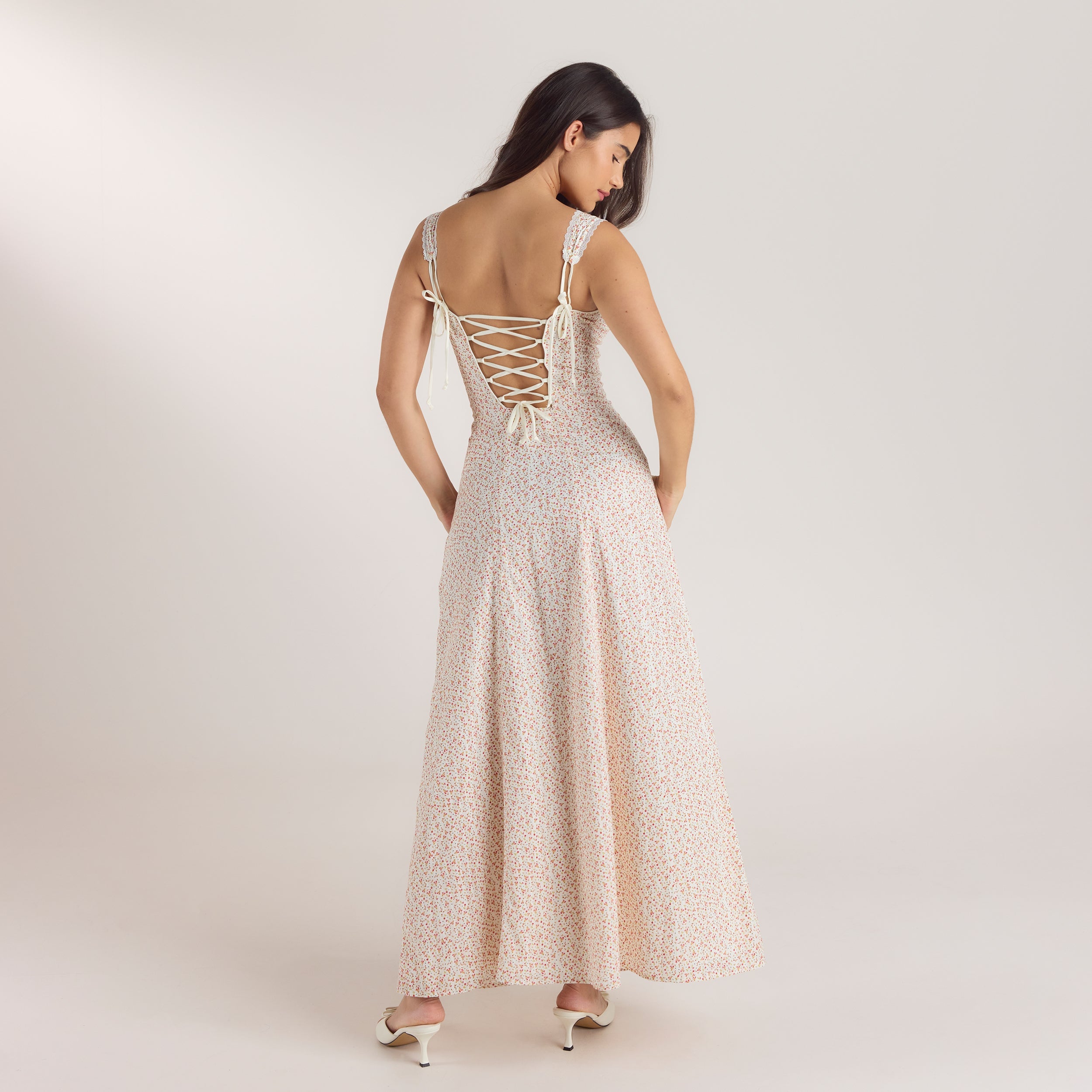 Maxiklänning med Korsettrygg | Maxiklänning med Korsettrygg - Blommig Krämfärg