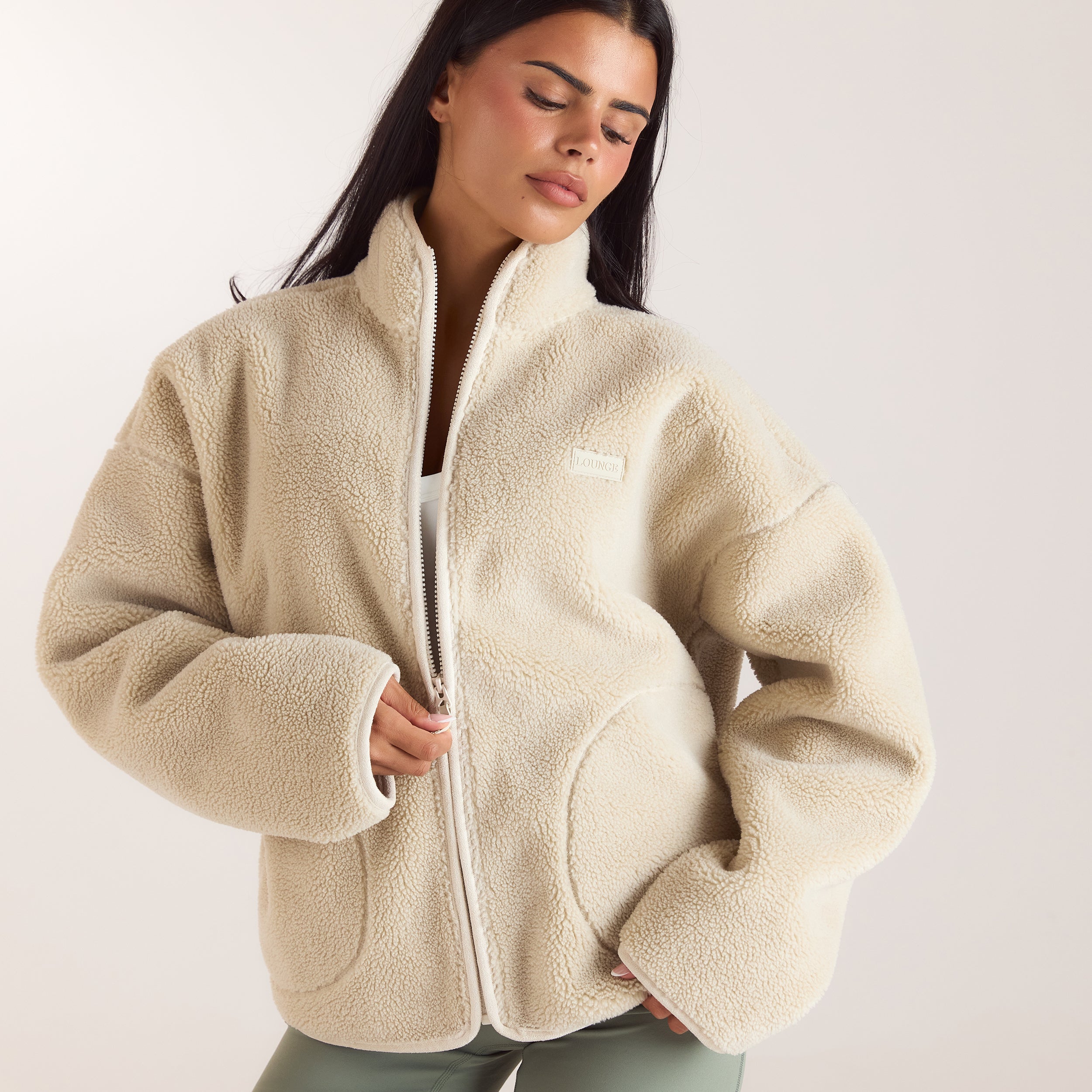 Teddy-Fleece jacka med dragkedja | Teddy-Fleece jacka med dragkedja - Krämfärgad