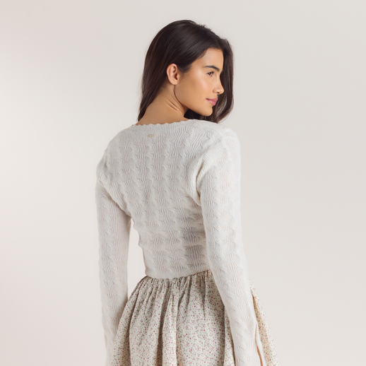 Stickad kofta med utsvängda ärmar - Krämfärgad alternate