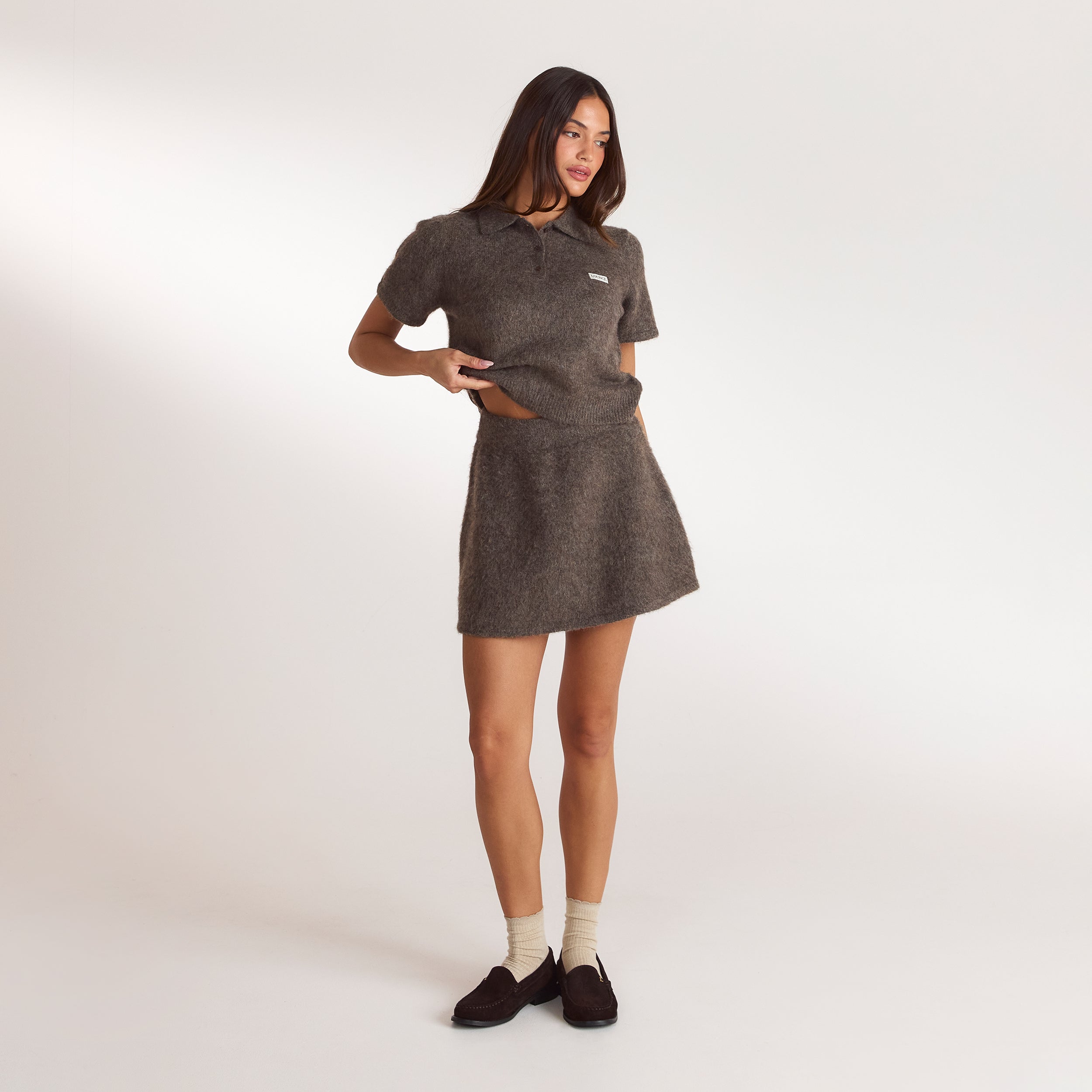 Stickad polo-topp | Stickad polo-topp - Askbrun
