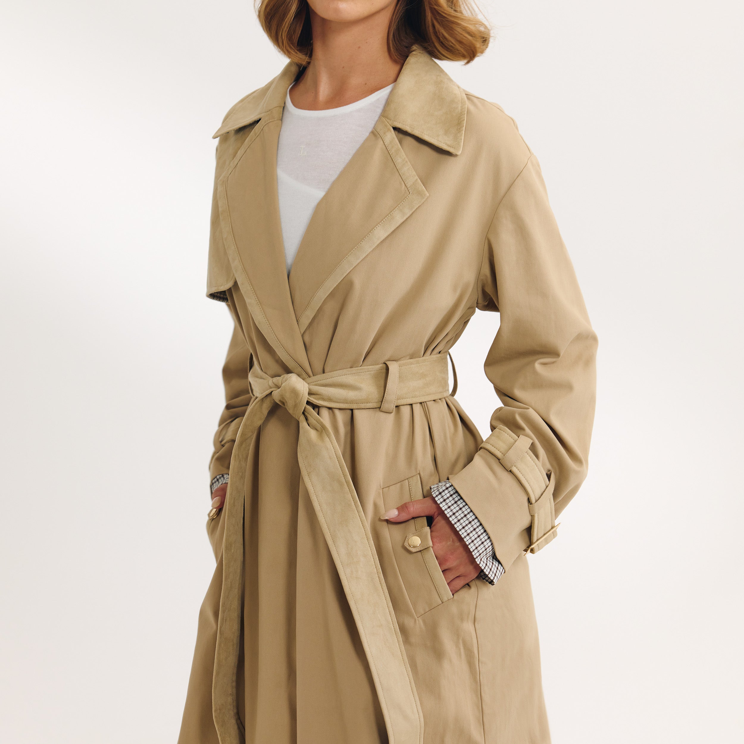 Suedette Trim Trenchcoat | Suedette Trim Trenchcoat - Sandfärgad