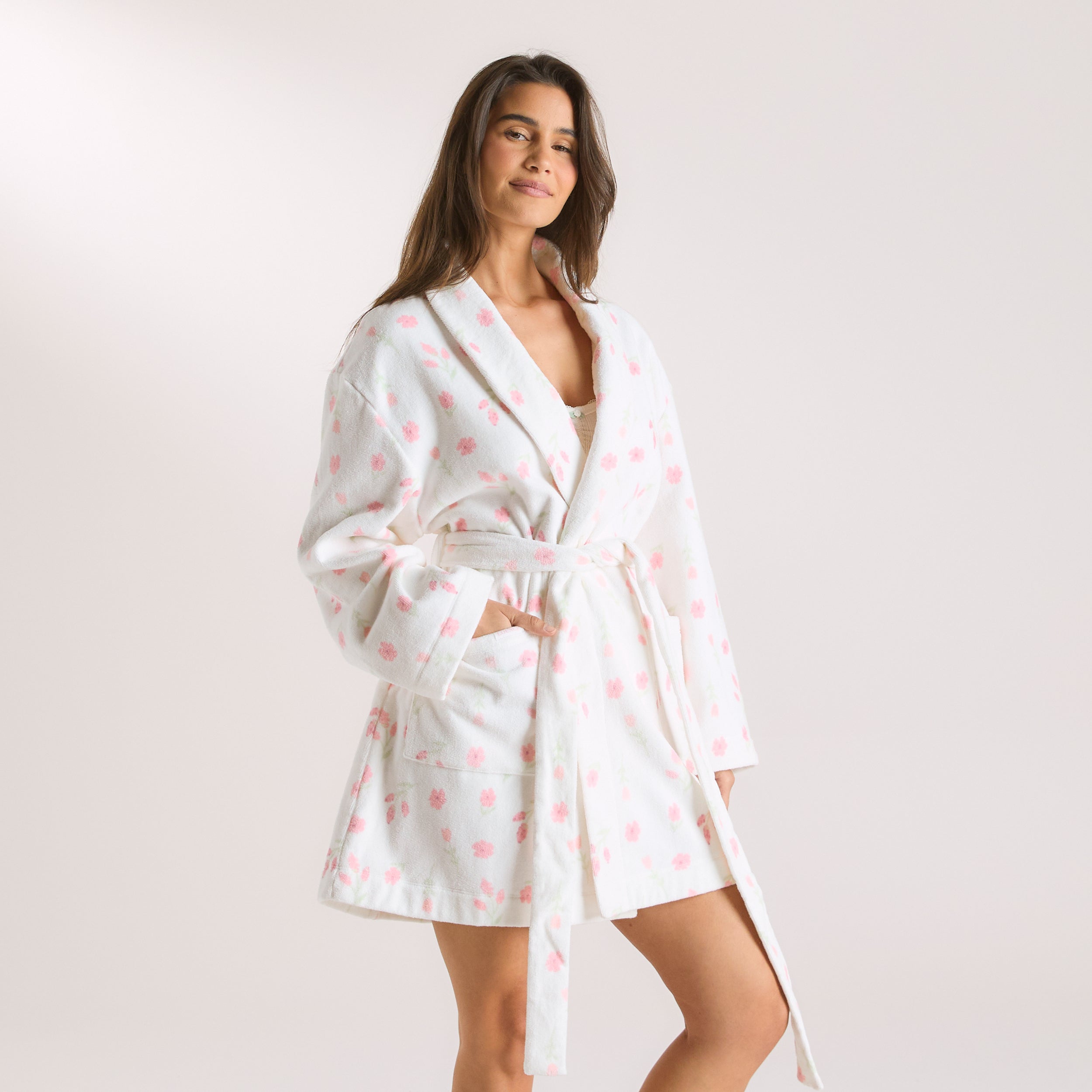 Kort Towelling Morgonrock | Kort Towelling Morgonrock - Blommigt Tryck