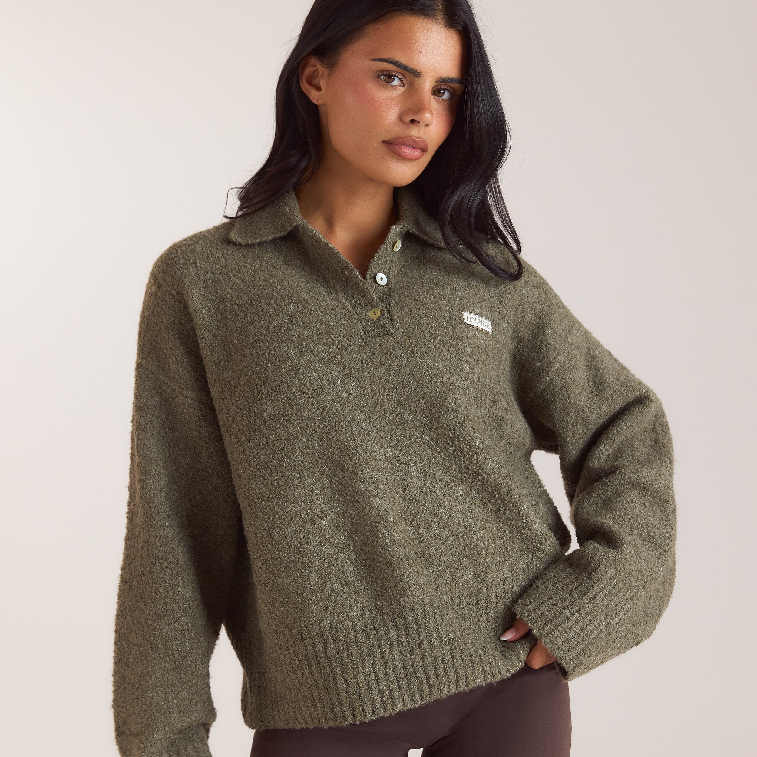 Stickad bouclé-polotröja | Stickad bouclé-polotröja - Kaki