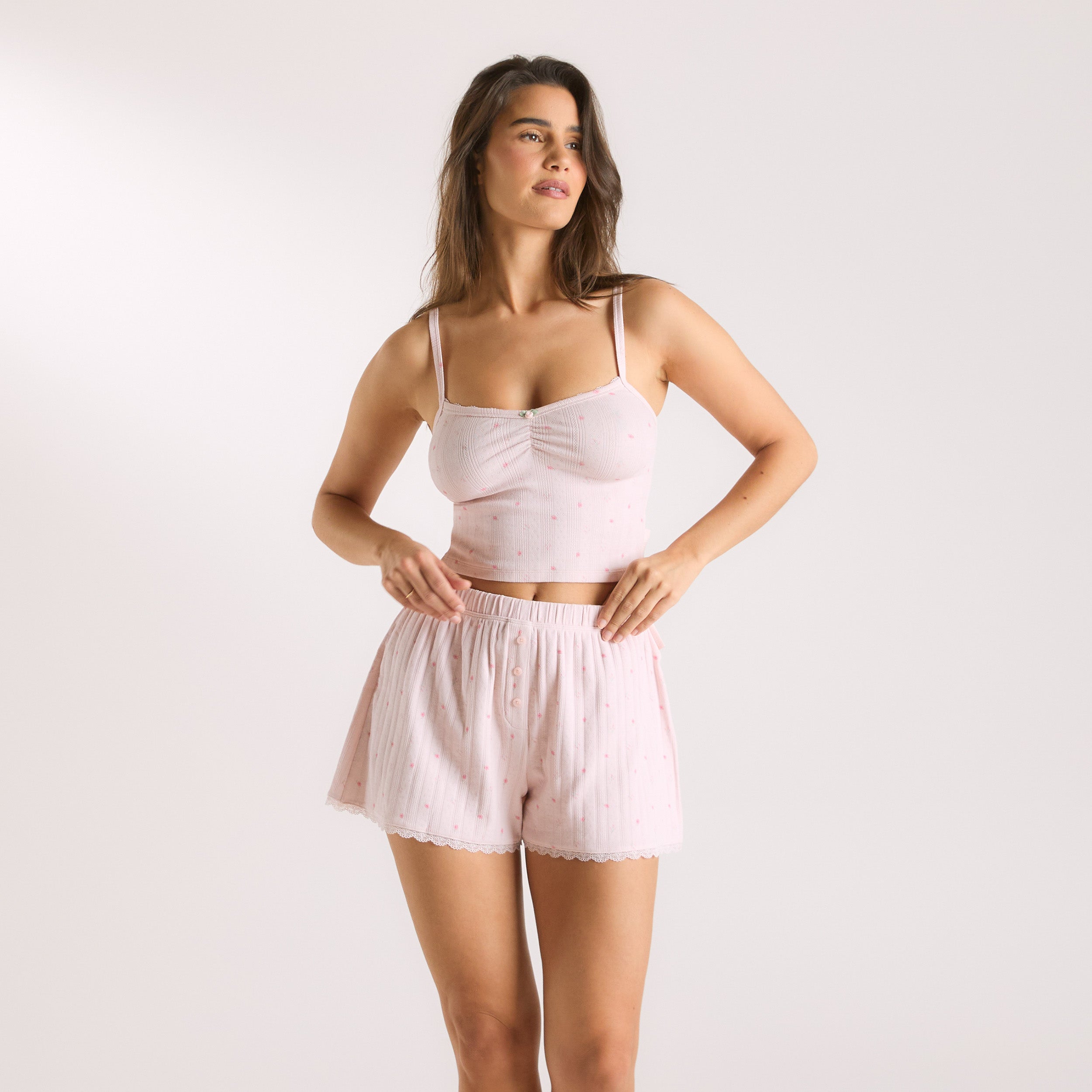 Pointelle Cami Pyjamatopp | Pointelle Cami Pyjamatopp - Blommig Rosa