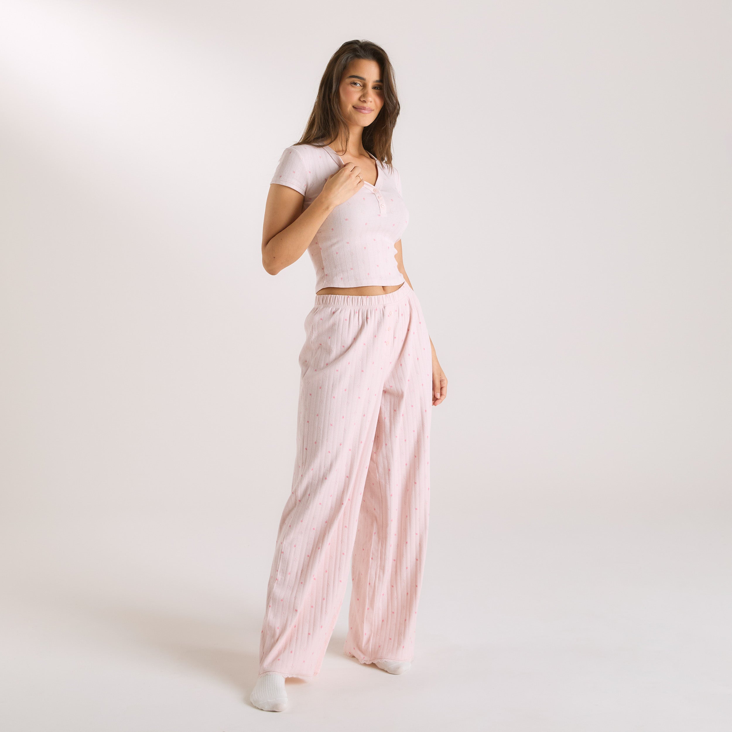 Pointelle Pyjamatopp | Pointelle Pyjamatopp - Blommig Rosa