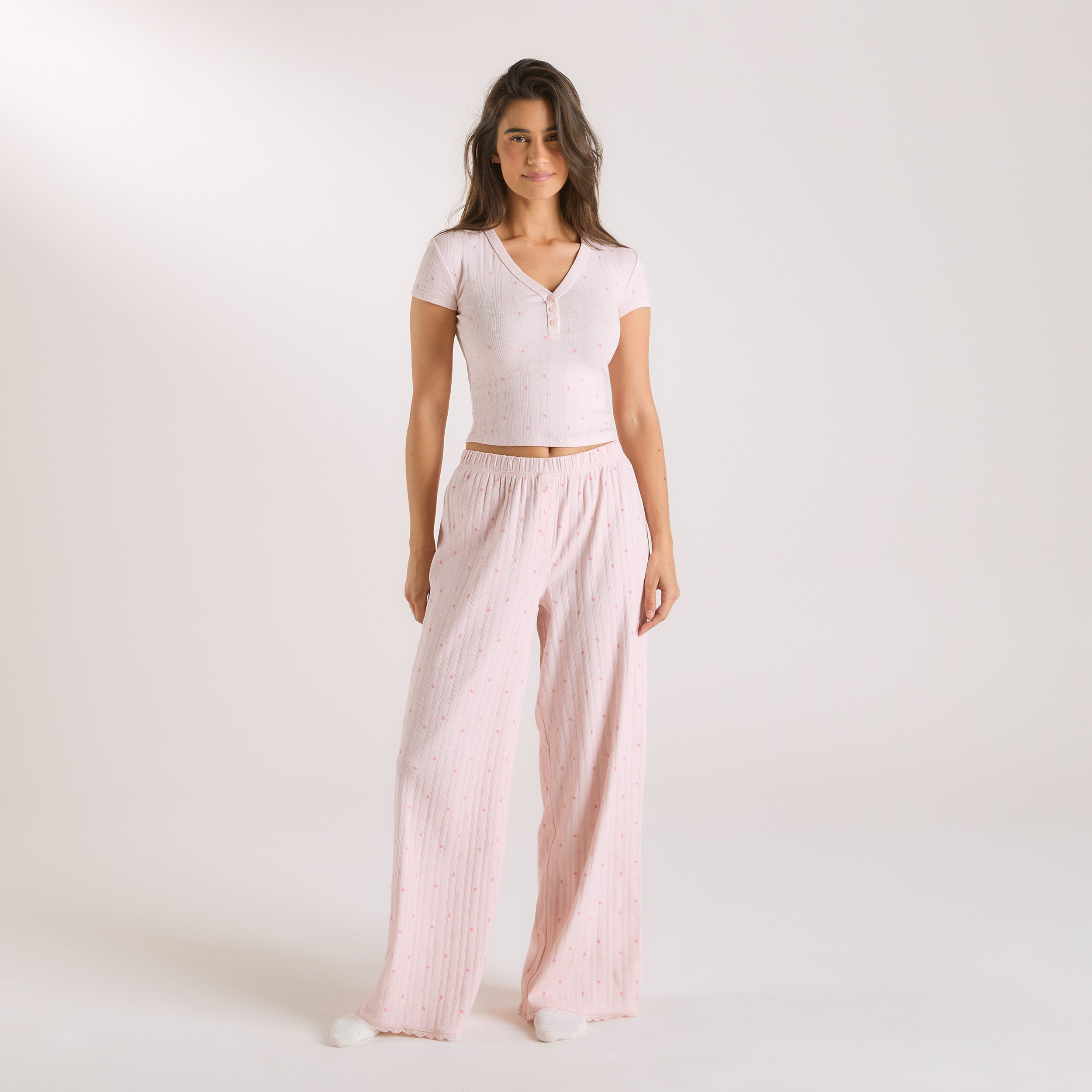 Pointelle Pyjamabyxor | Pointelle Pyjamabyxor - Blommig Rosa