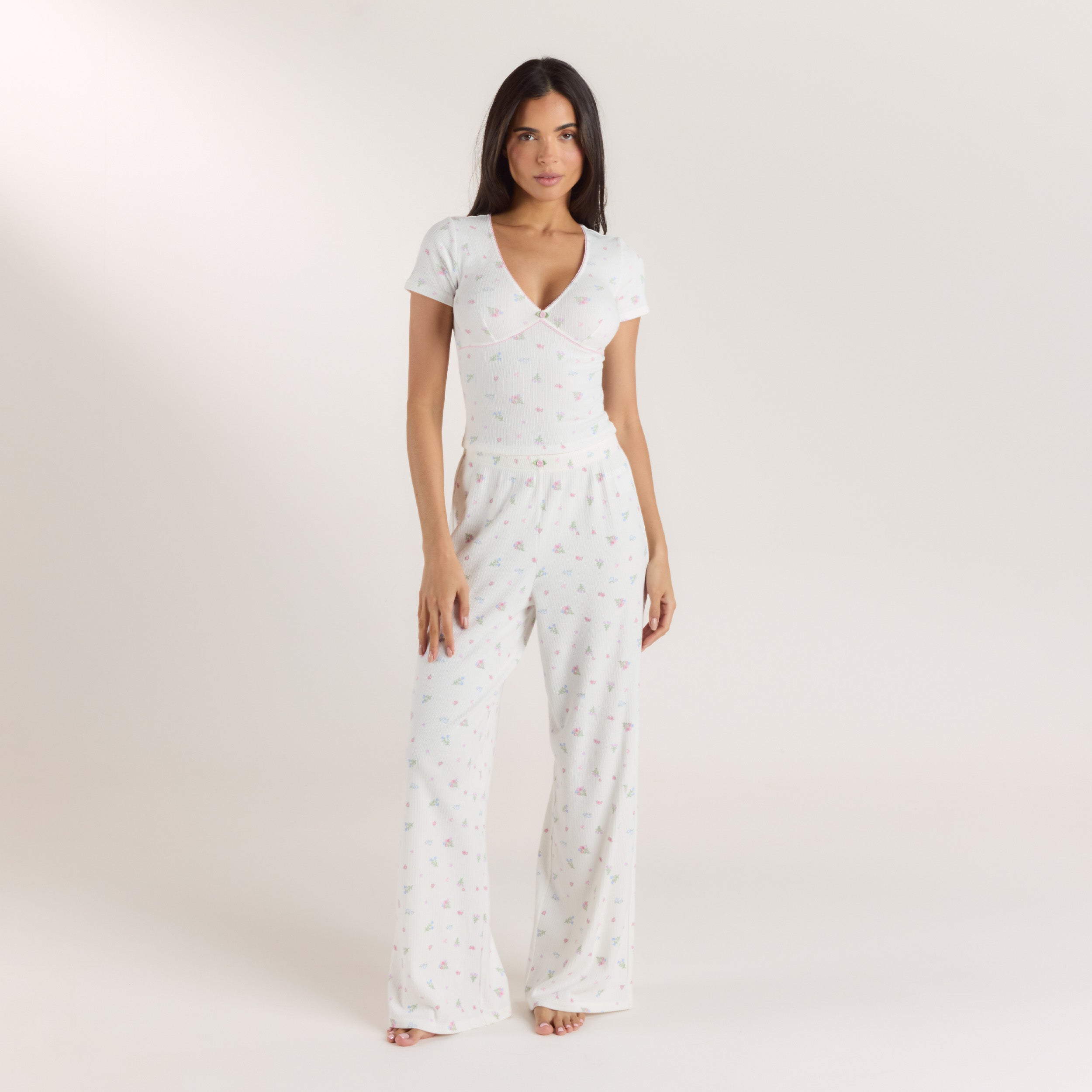 Ribbad Pyjamatoppl med korta ärmar | Ribbad Pyjamatoppl med korta ärmar - Blommig Vit