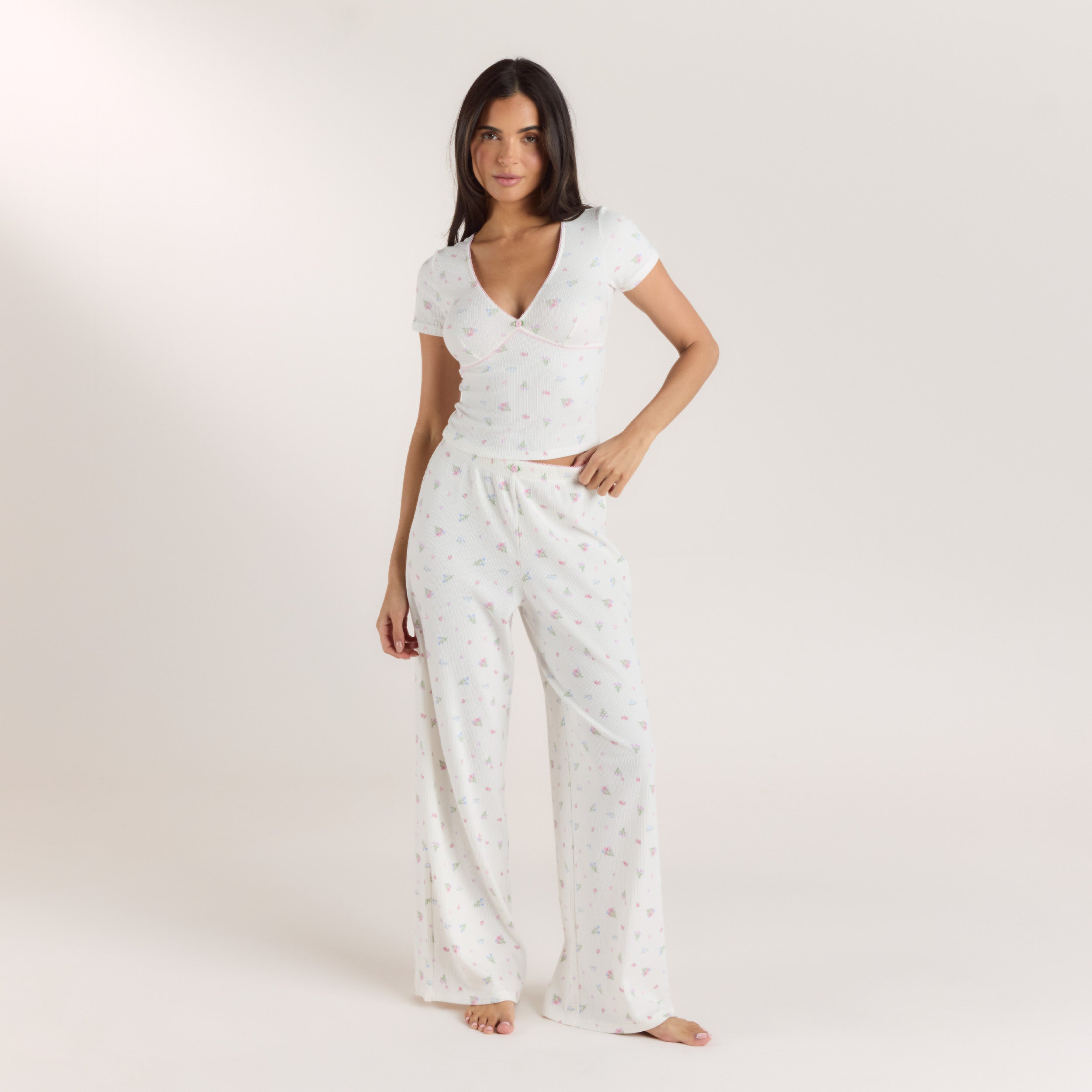 Ribbade Pyjamabyxor | Ribbade Pyjamabyxor - Blommig Vit