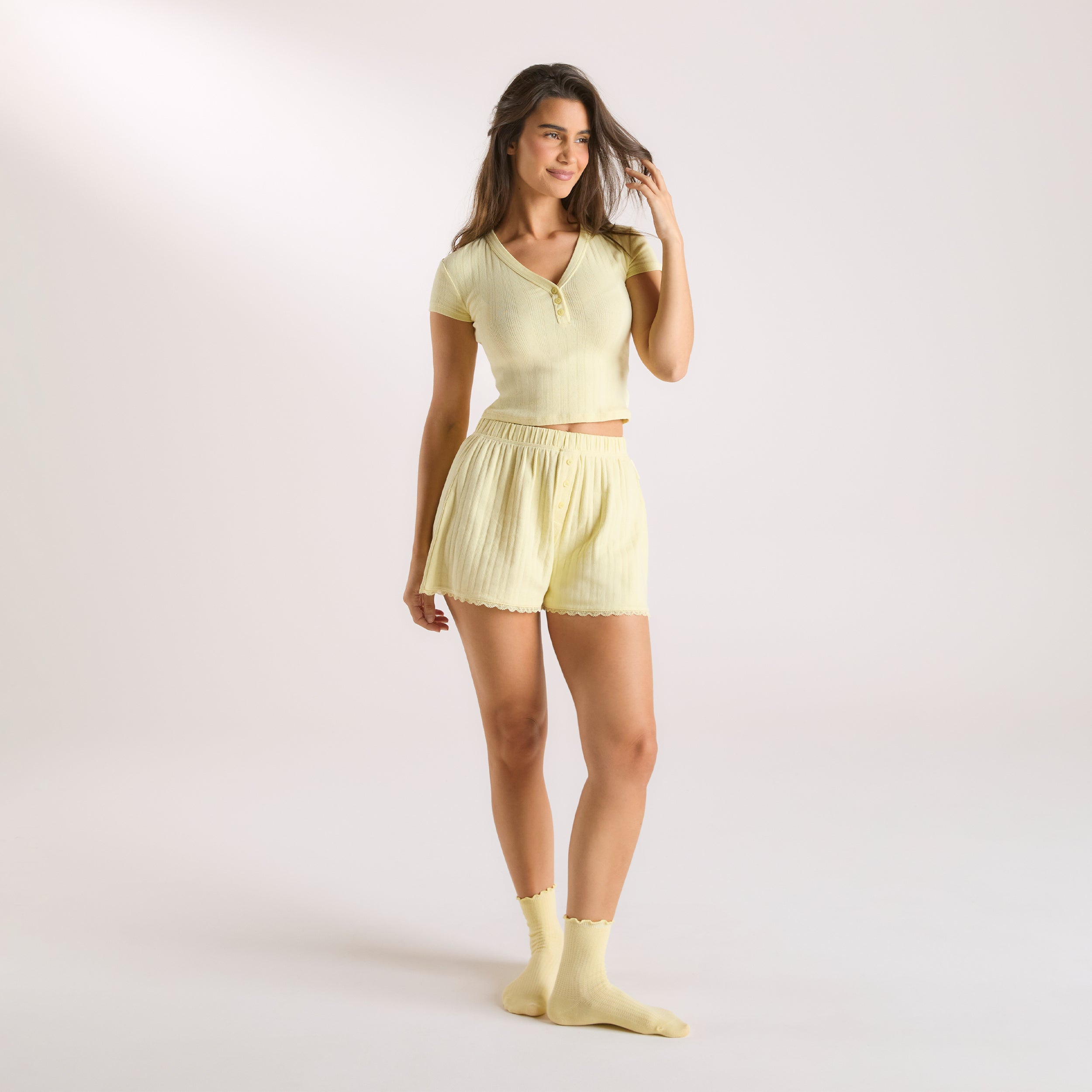 Pointelle Pyjama Shorts | Pointelle Pyjama Shorts - Smörblommig Gul