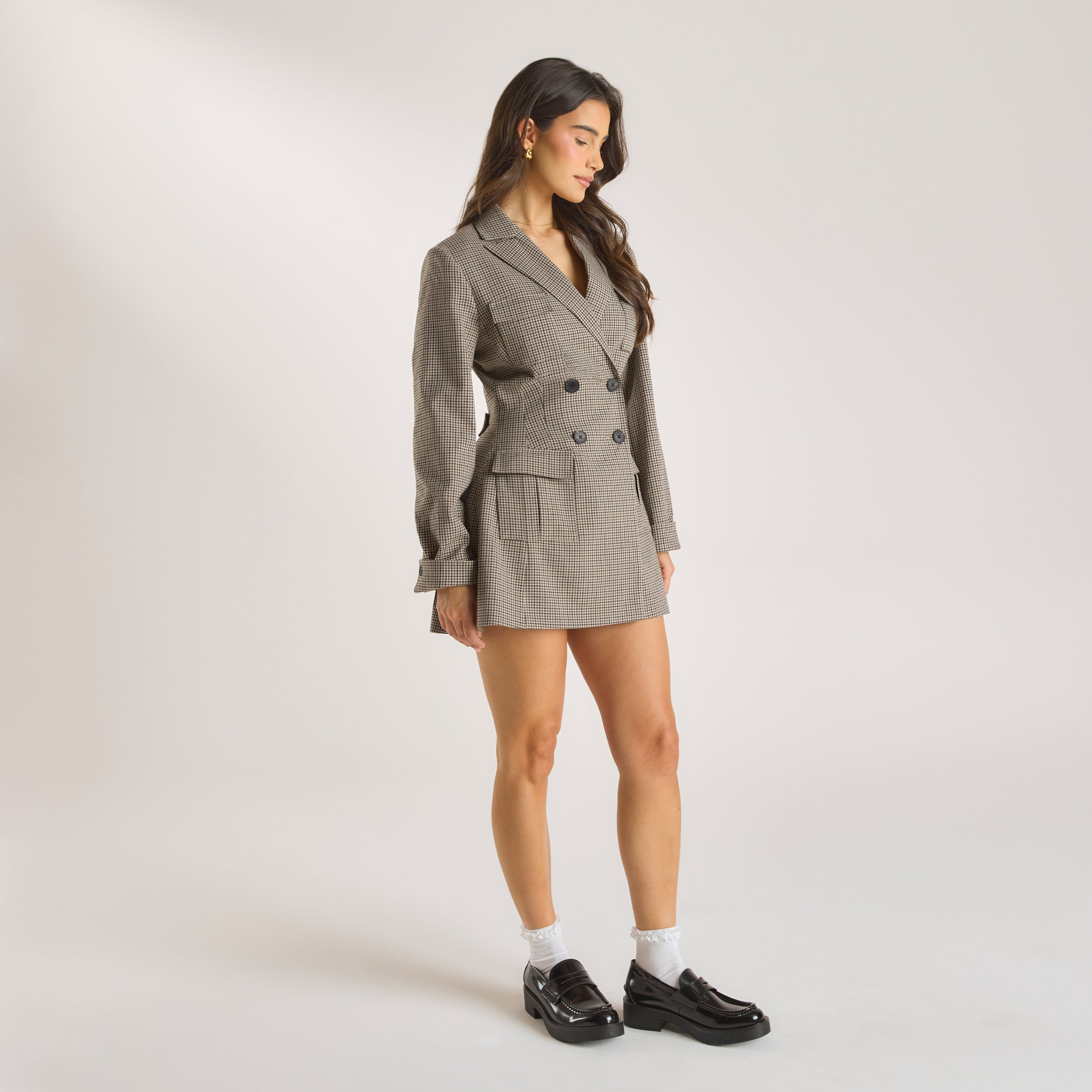 Houndstooth Blazerklänning | Houndstooth Blazerklänning - Brun