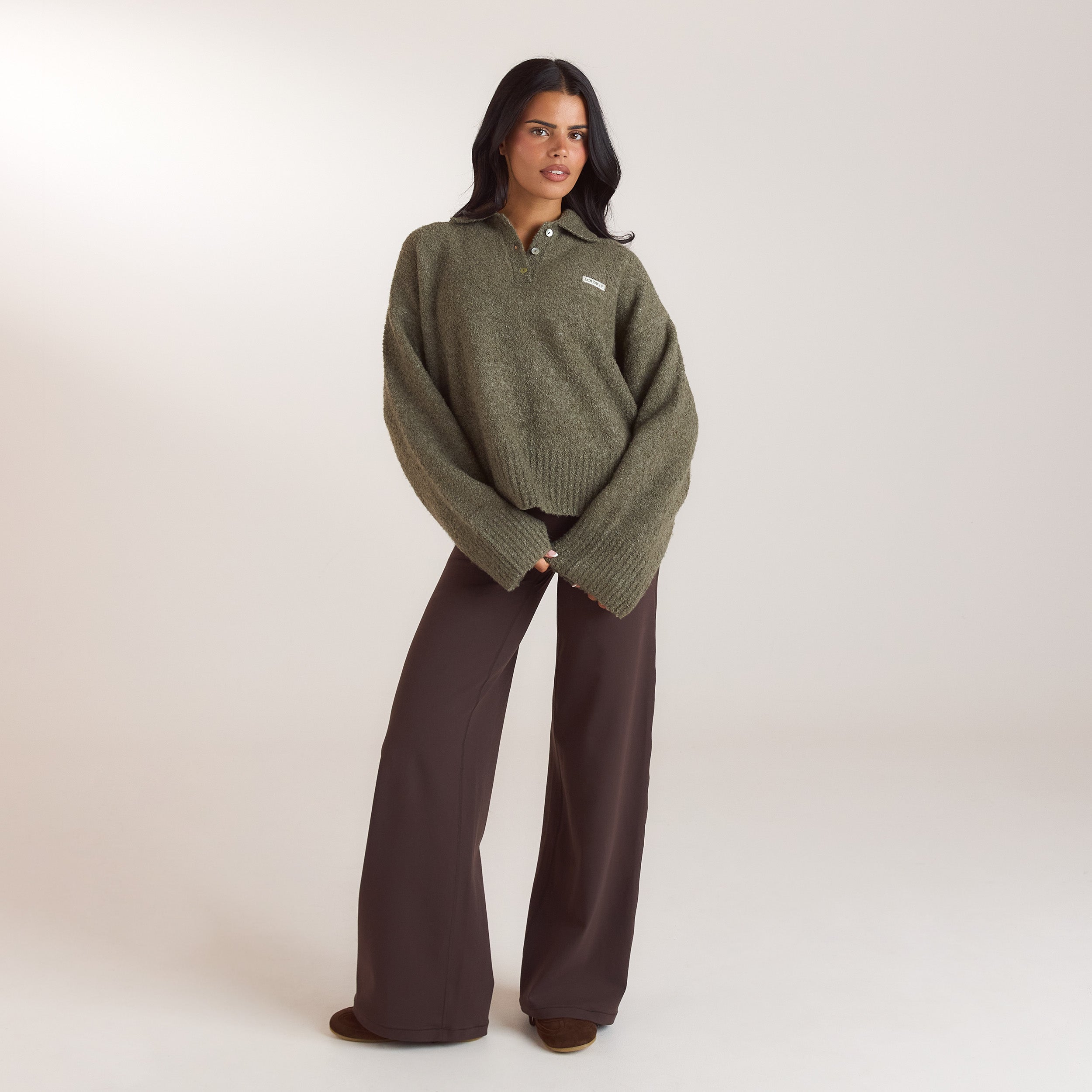 Stickad bouclé-polotröja | Stickad bouclé-polotröja - Kaki