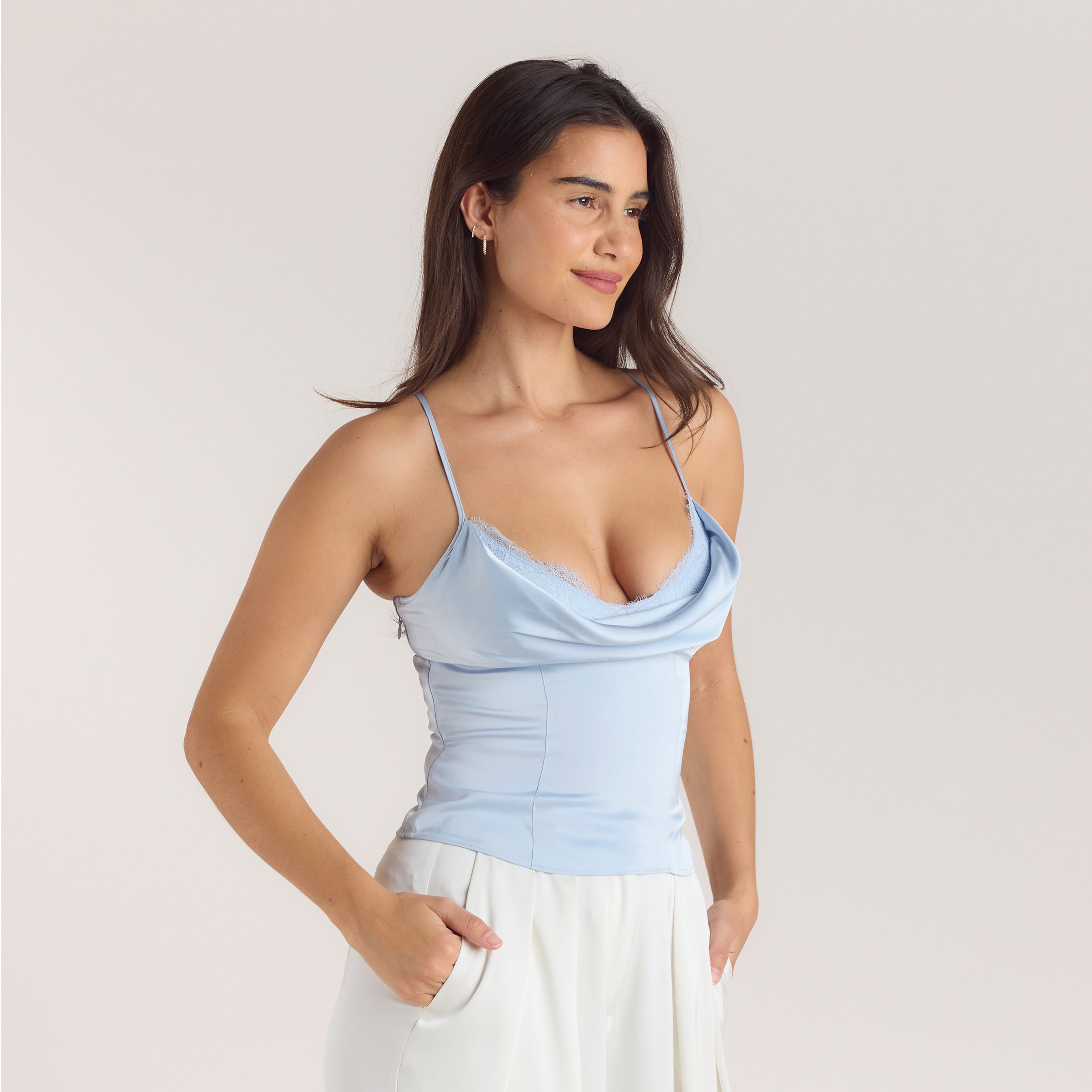 Cami Top i satin med krage | Cami Top i satin med krage - Blå