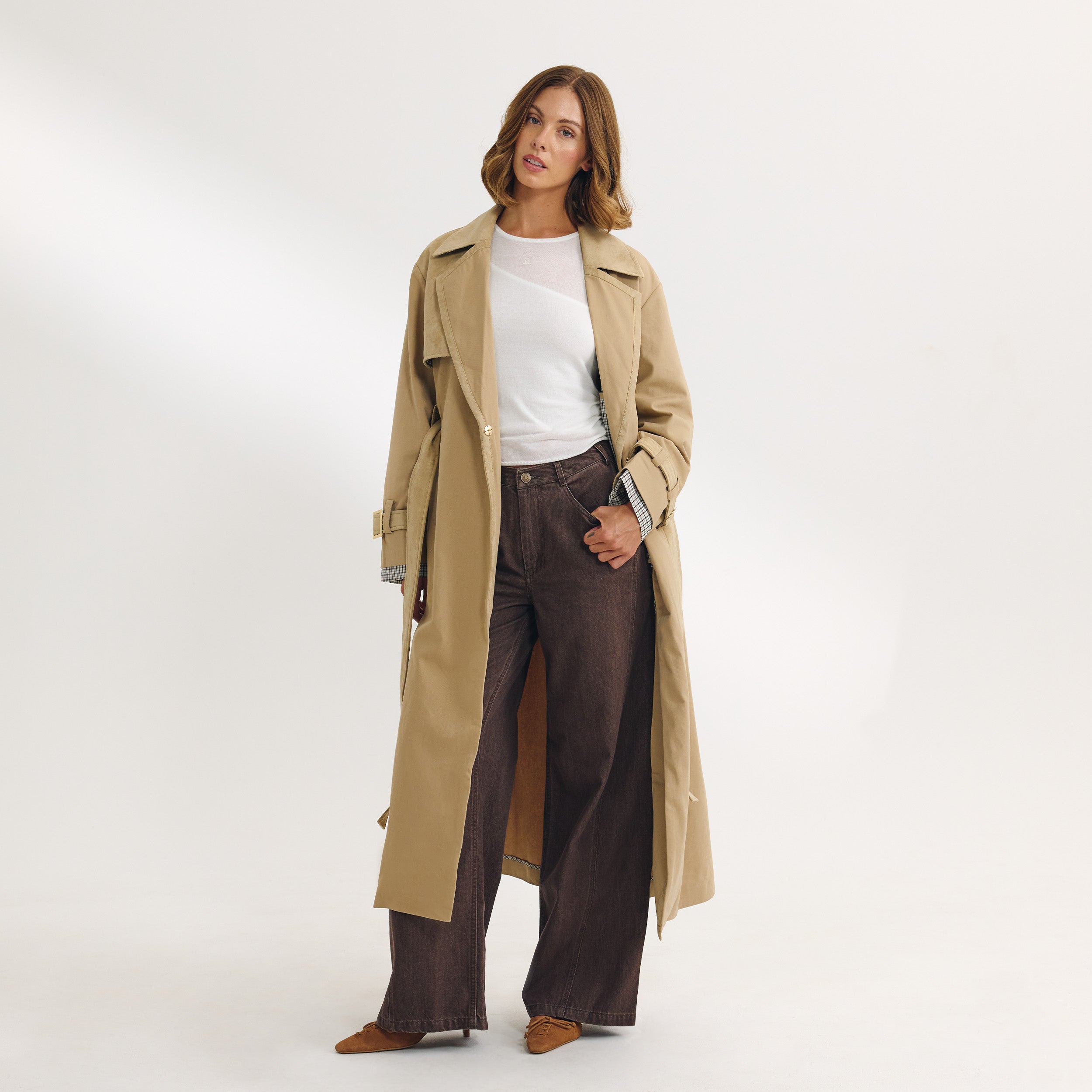 Suedette Trim Trenchcoat | Suedette Trim Trenchcoat - Sandfärgad