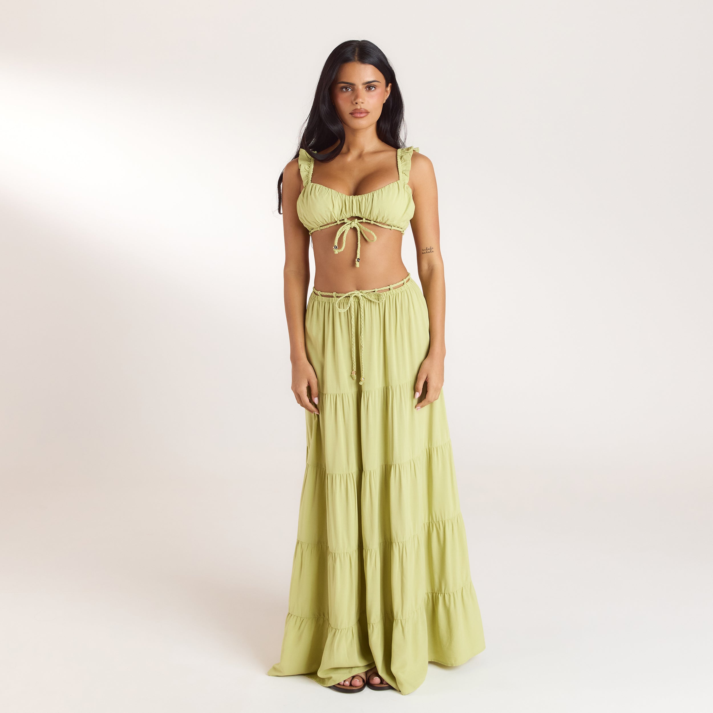 Bralette och Maxikjol Co-ord | Maxikjol Co-ord (Set) - Tvättad Limegrön