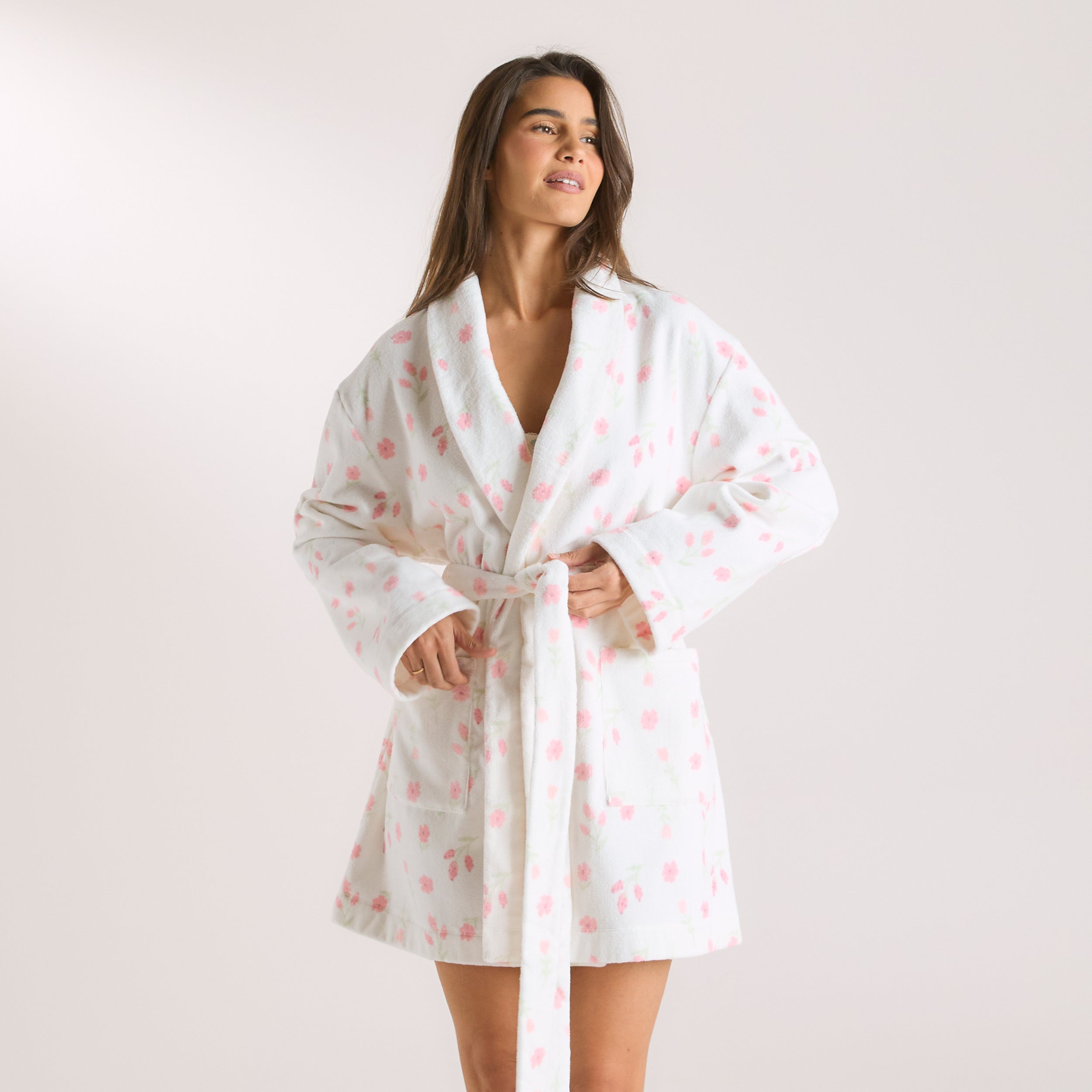 Kort Towelling Morgonrock | Kort Towelling Morgonrock - Blommigt Tryck