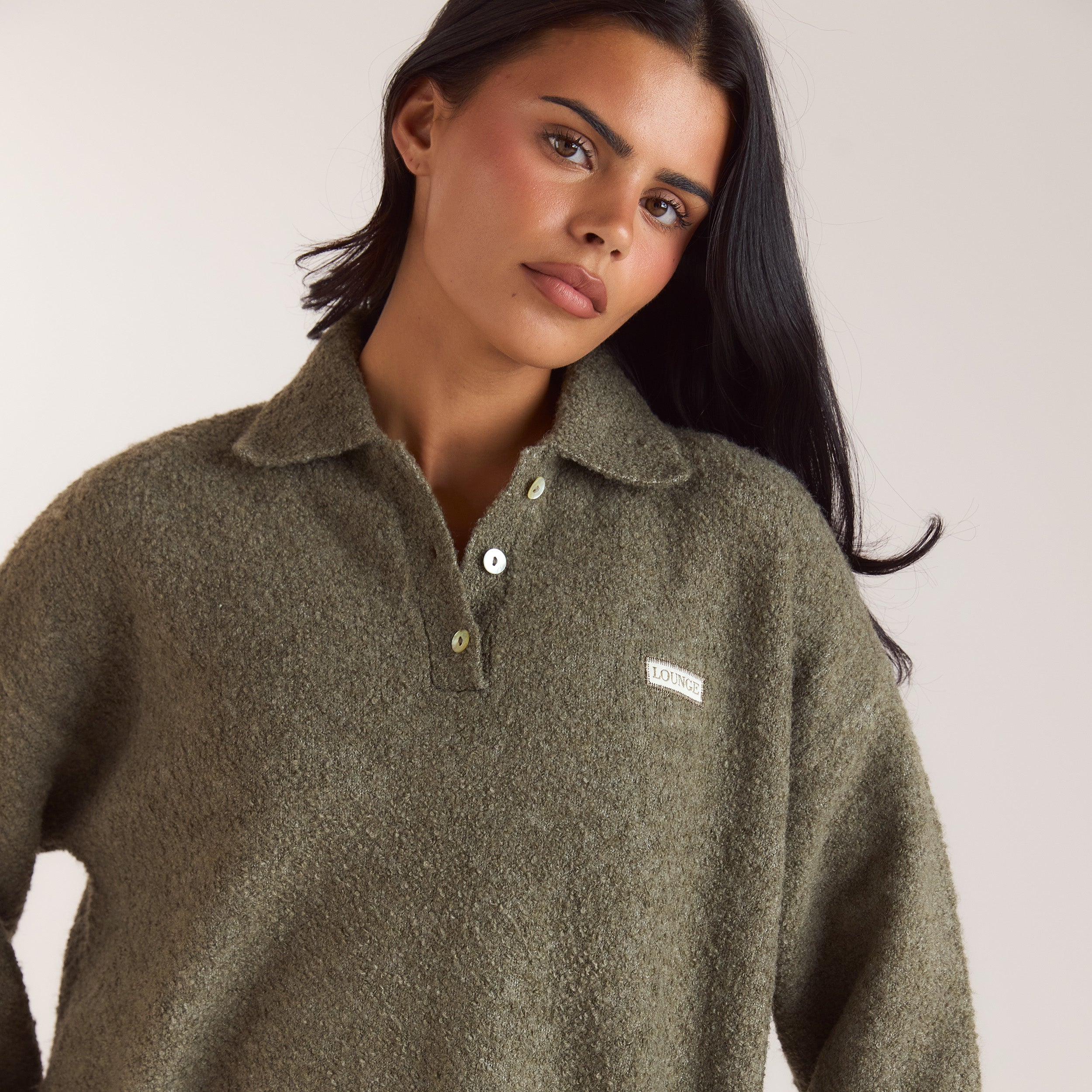Stickad bouclé-polotröja | Stickad bouclé-polotröja - Kaki