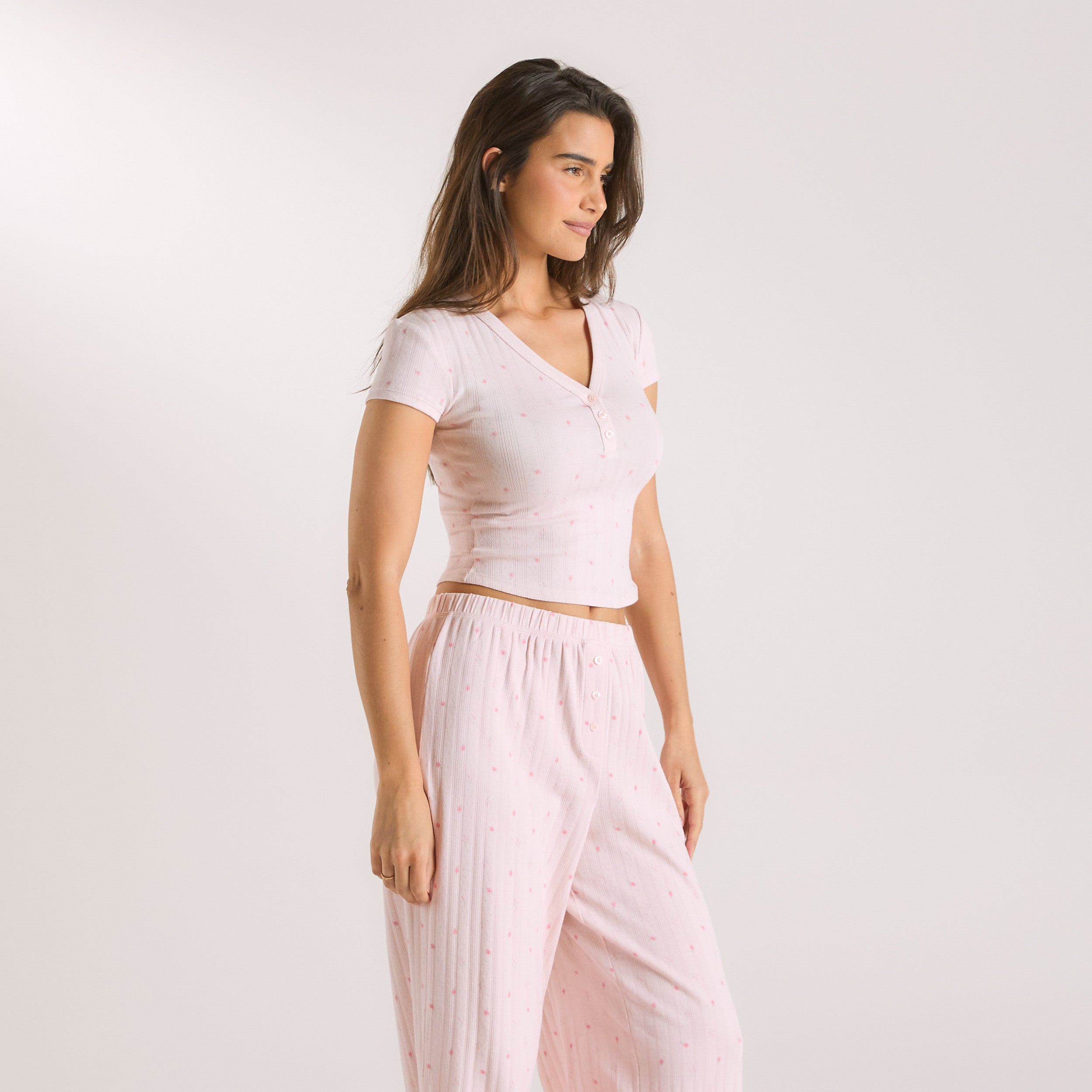 Pointelle Pyjamatopp | Pointelle Pyjamatopp - Blommig Rosa