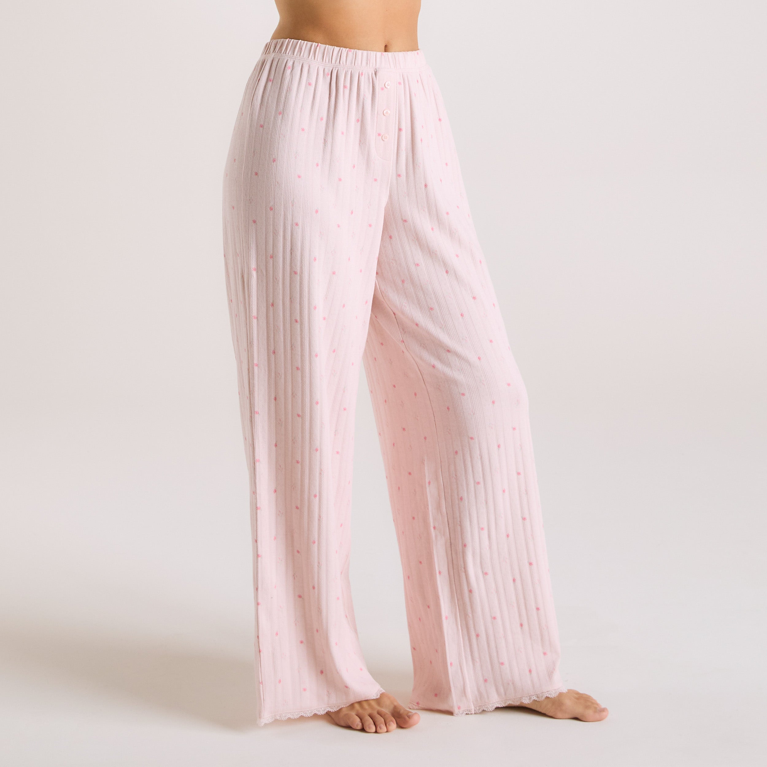 Pointelle Pyjamabyxor | Pointelle Pyjamabyxor - Blommig Rosa