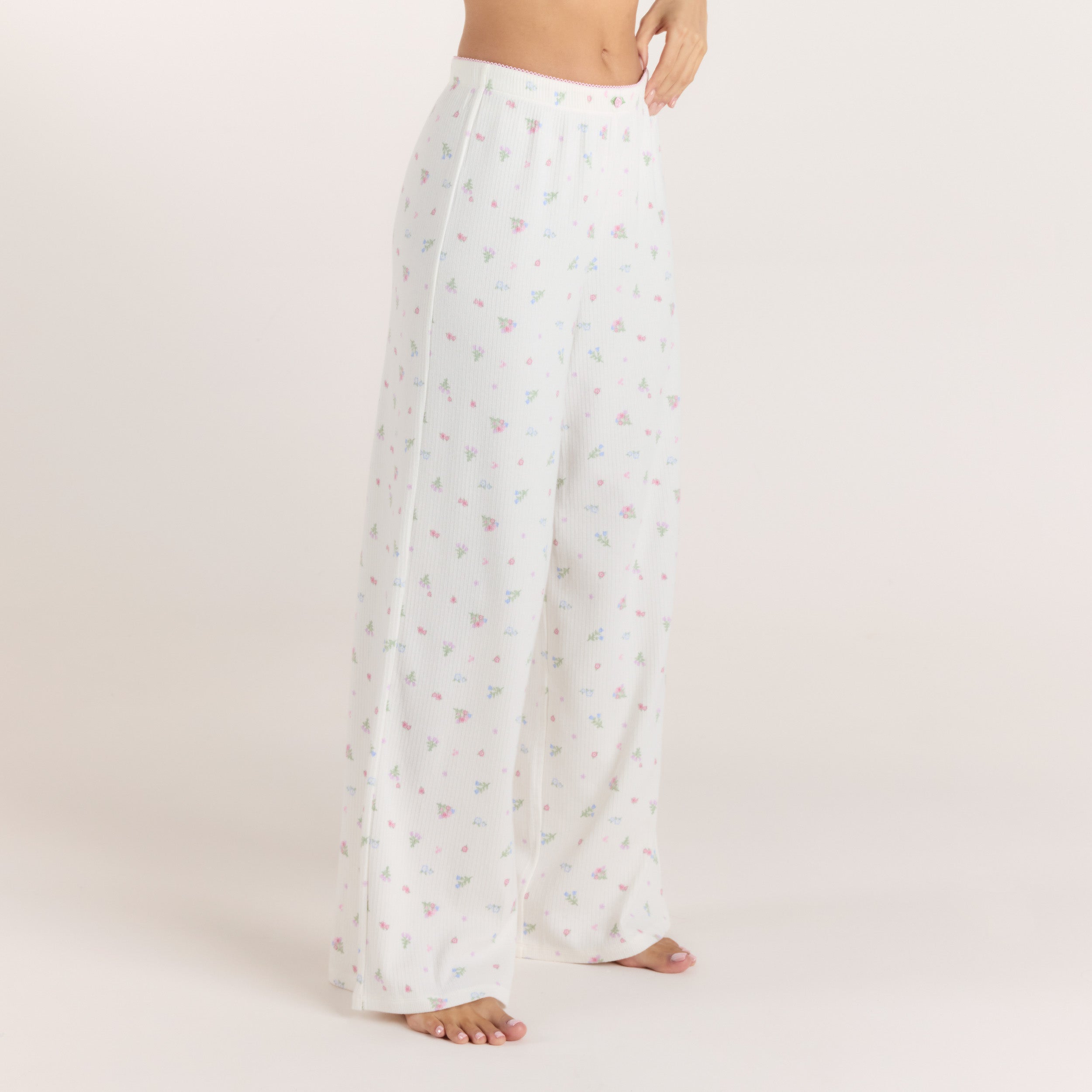 Ribbade Pyjamabyxor | Ribbade Pyjamabyxor - Blommig Vit