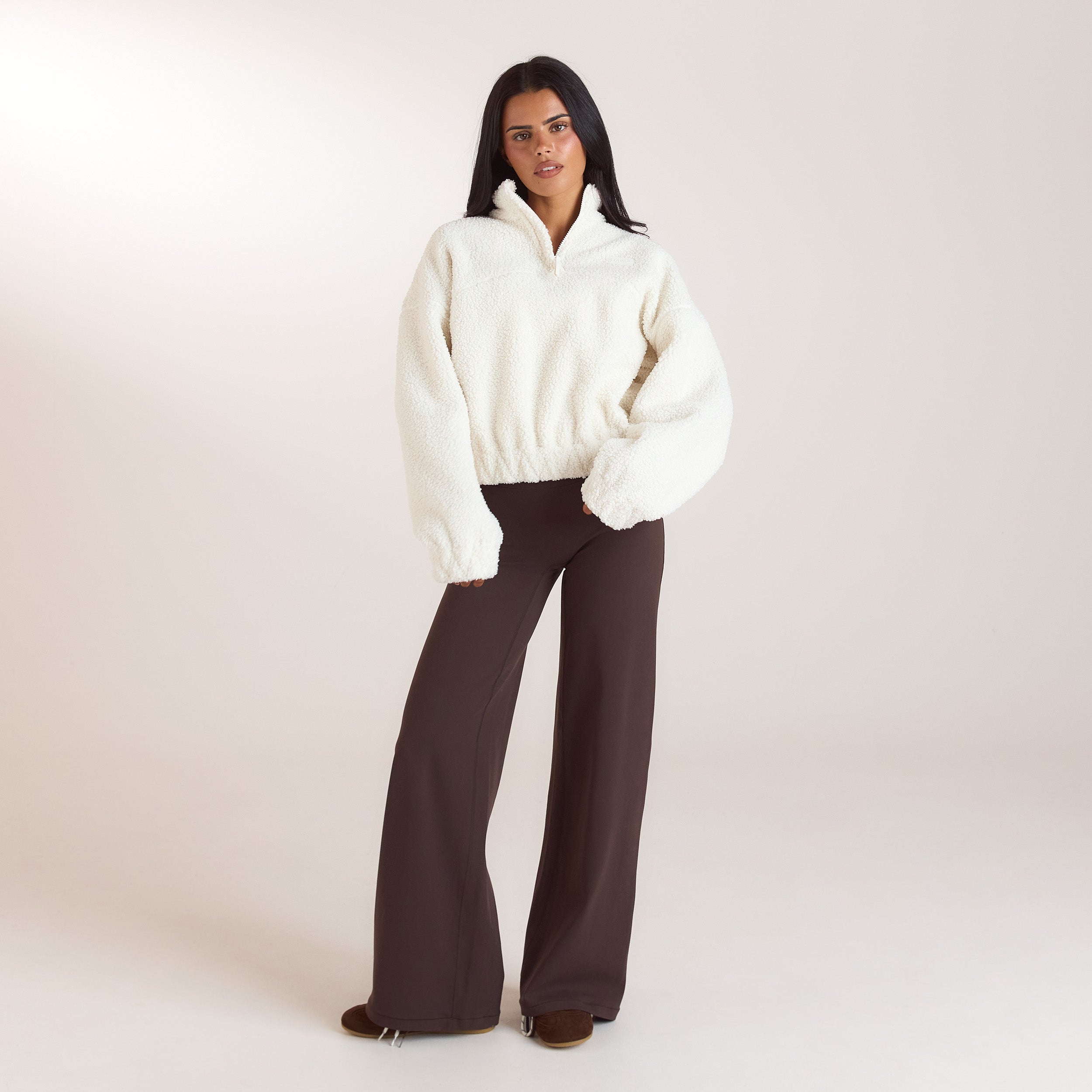 Teddy-Fleece jacka med polo & dragkedja | Teddy-Fleece jacka med polo & dragkedja - Krämfärgad