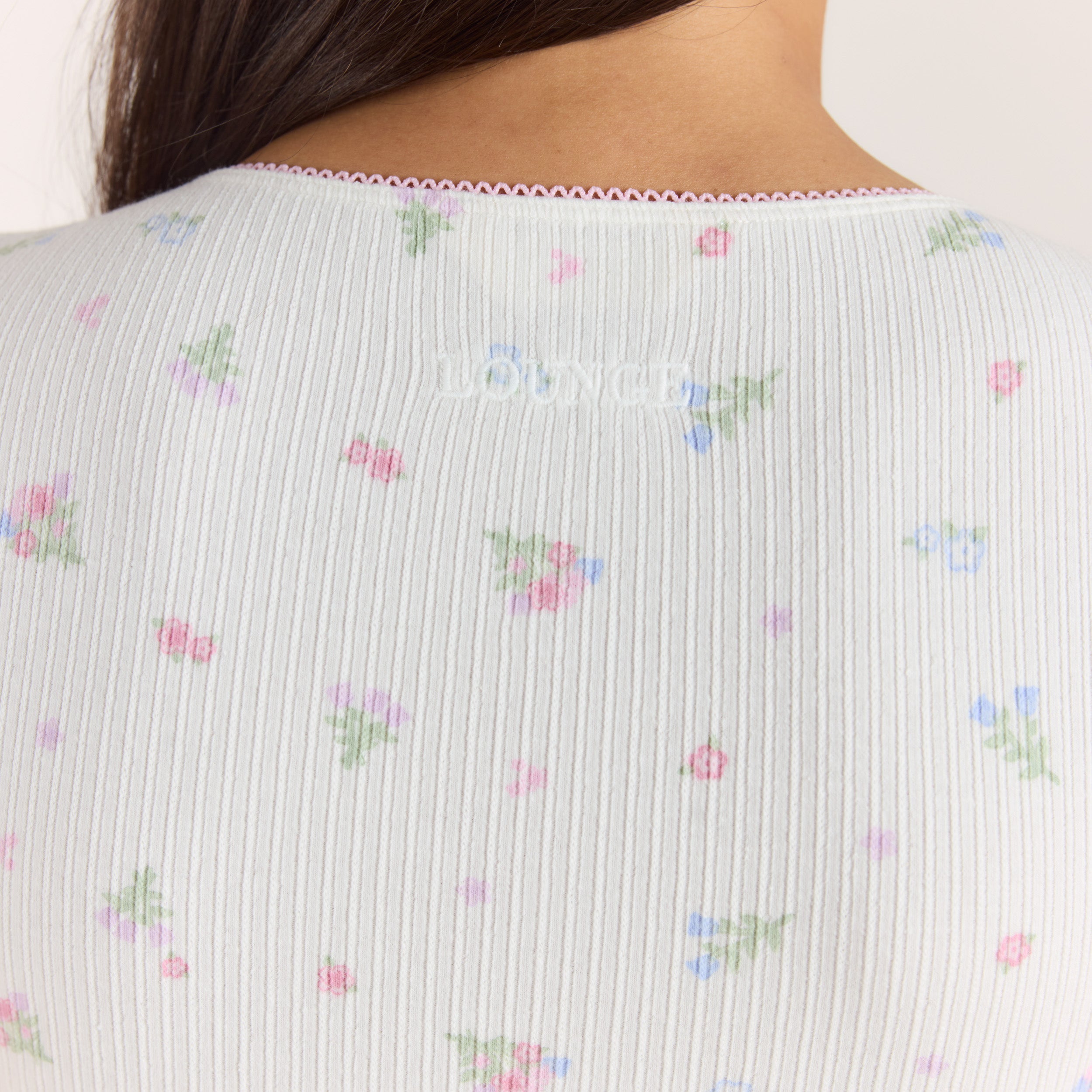 Ribbad Pyjamatoppl med korta ärmar | Ribbad Pyjamatoppl med korta ärmar - Blommig Vit