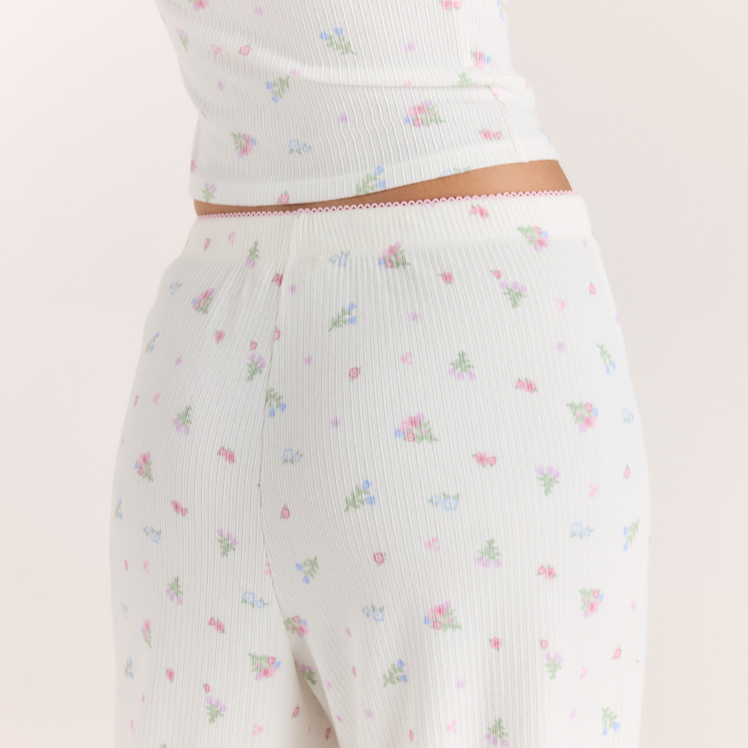 Ribbade Pyjamabyxor | Ribbade Pyjamabyxor - Blommig Vit