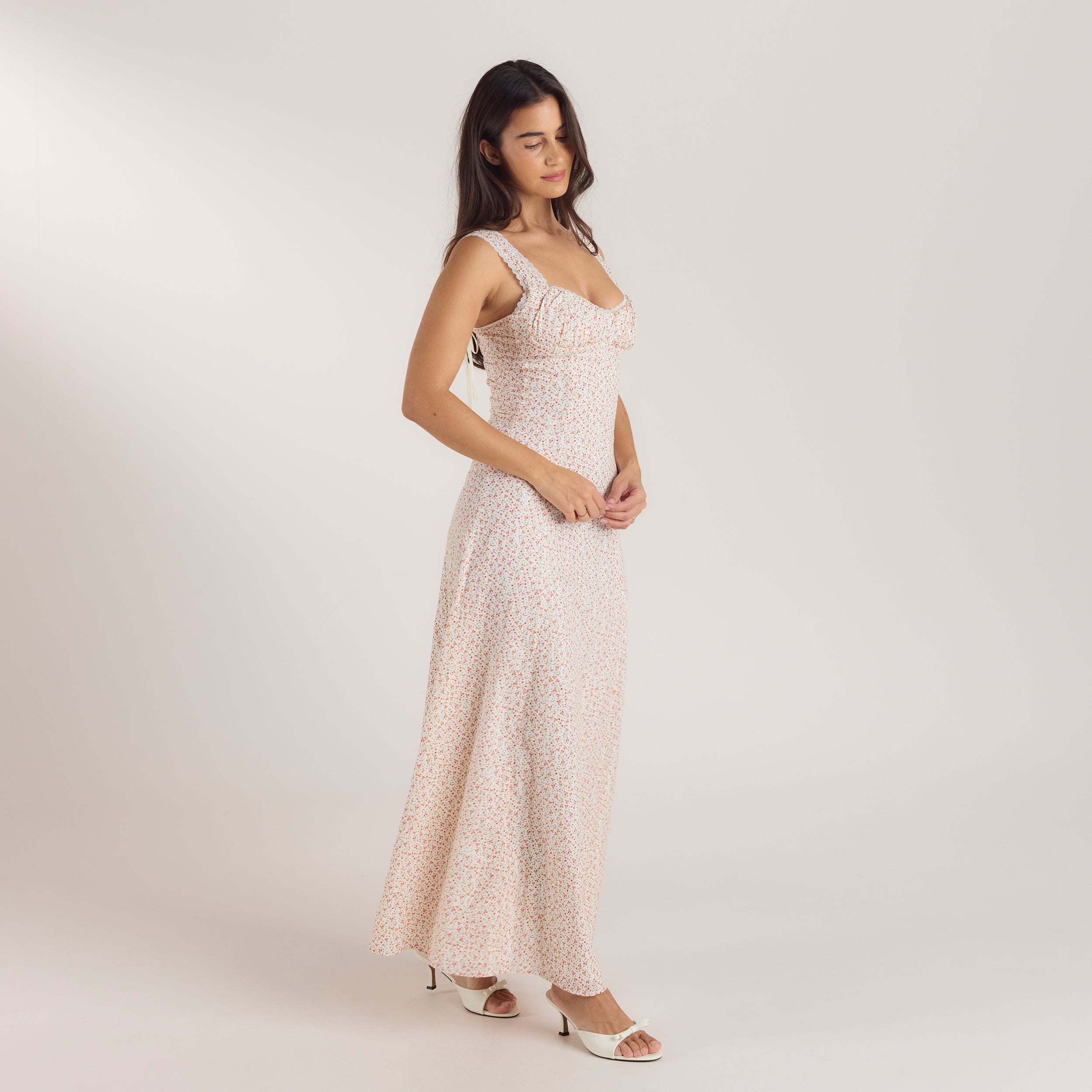 Maxiklänning med Korsettrygg | Maxiklänning med Korsettrygg - Blommig Krämfärg