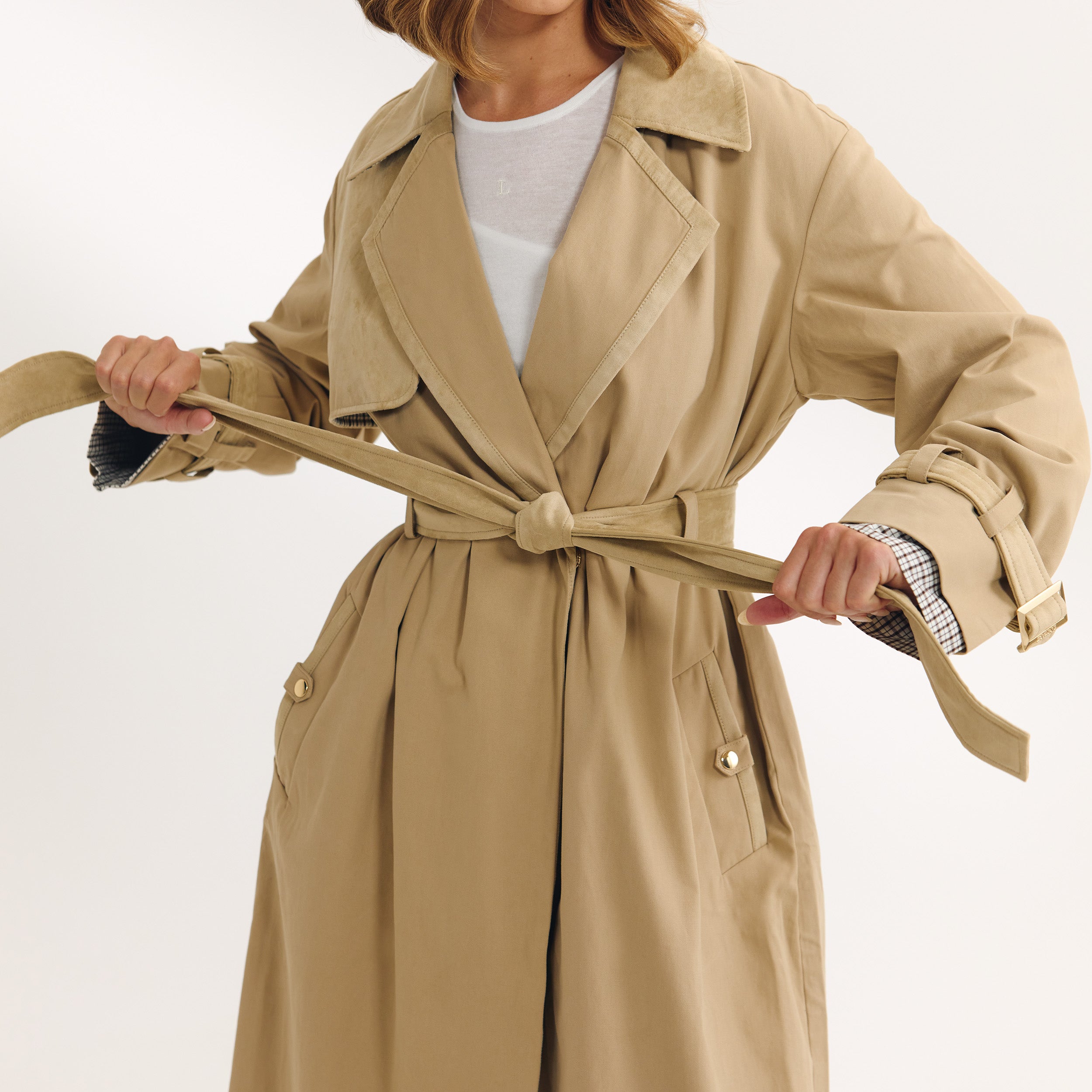 Suedette Trim Trenchcoat | Suedette Trim Trenchcoat - Sandfärgad