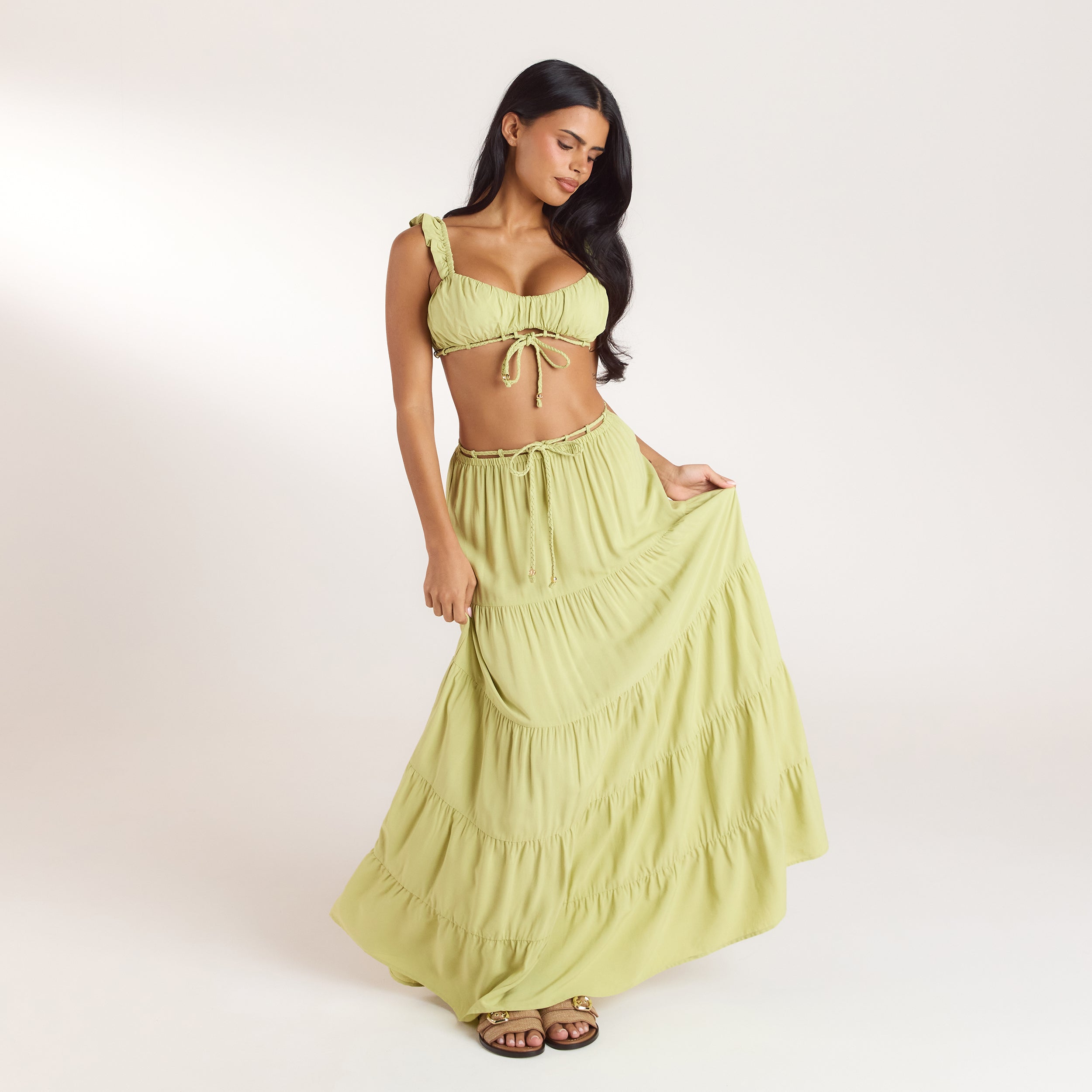 Bralette och Maxikjol Co-ord | Maxikjol Co-ord (Set) - Tvättad Limegrön